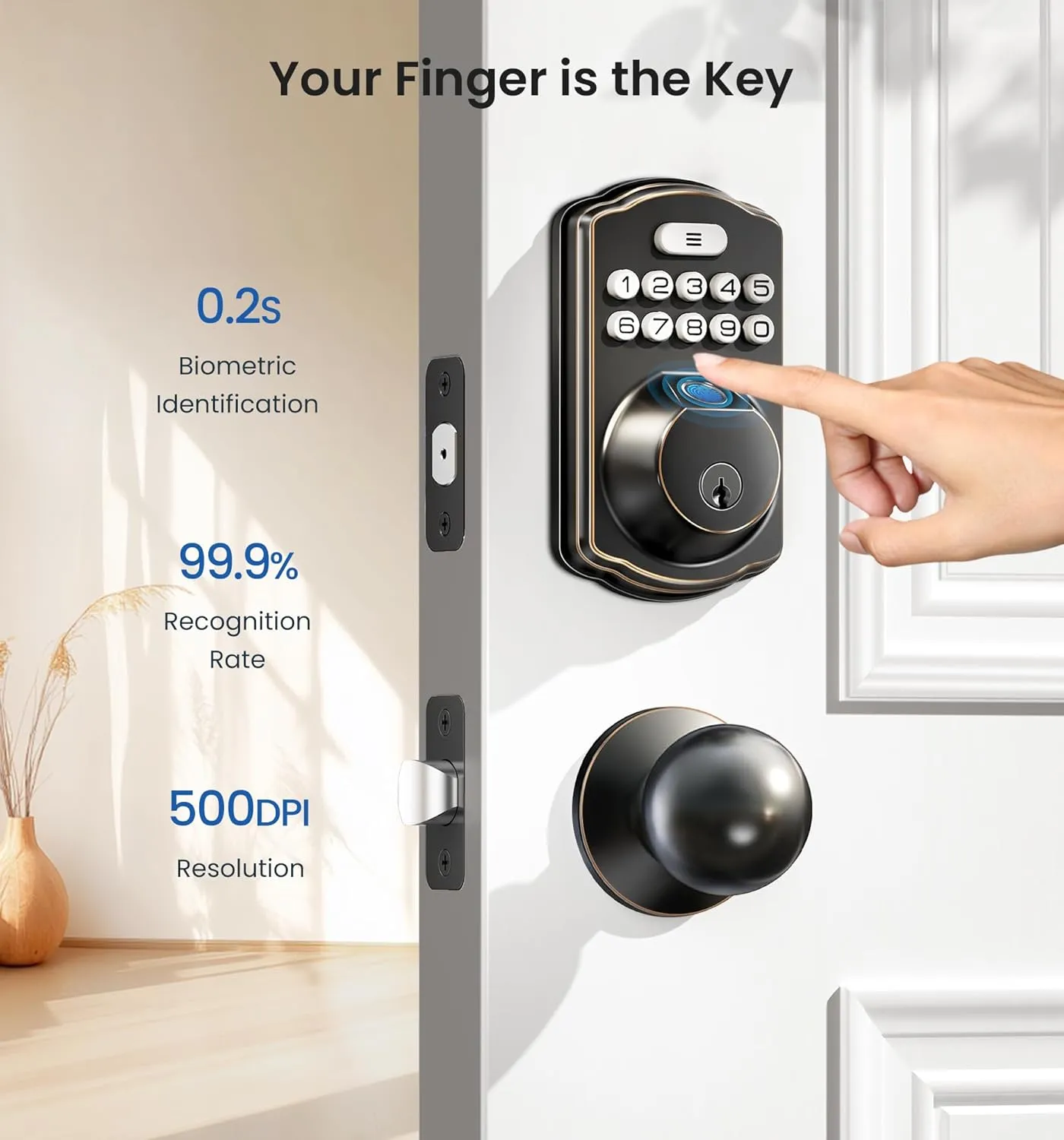 Veise Fingerprint Door Lock, Keyless Entry, Auto Lock, Electronic Keypad Deadbolt for Front Door, Biometric, Anti-Peeking Password, Easy Install, Oil Rubbed Bronze