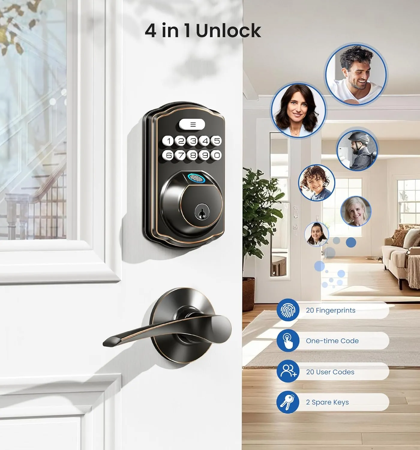Veise Fingerprint Door Lock, Keyless Entry, Auto Lock, Electronic Keypad Deadbolt for Front Door, Biometric, Anti-Peeking Password, Easy Install, Oil Rubbed Bronze