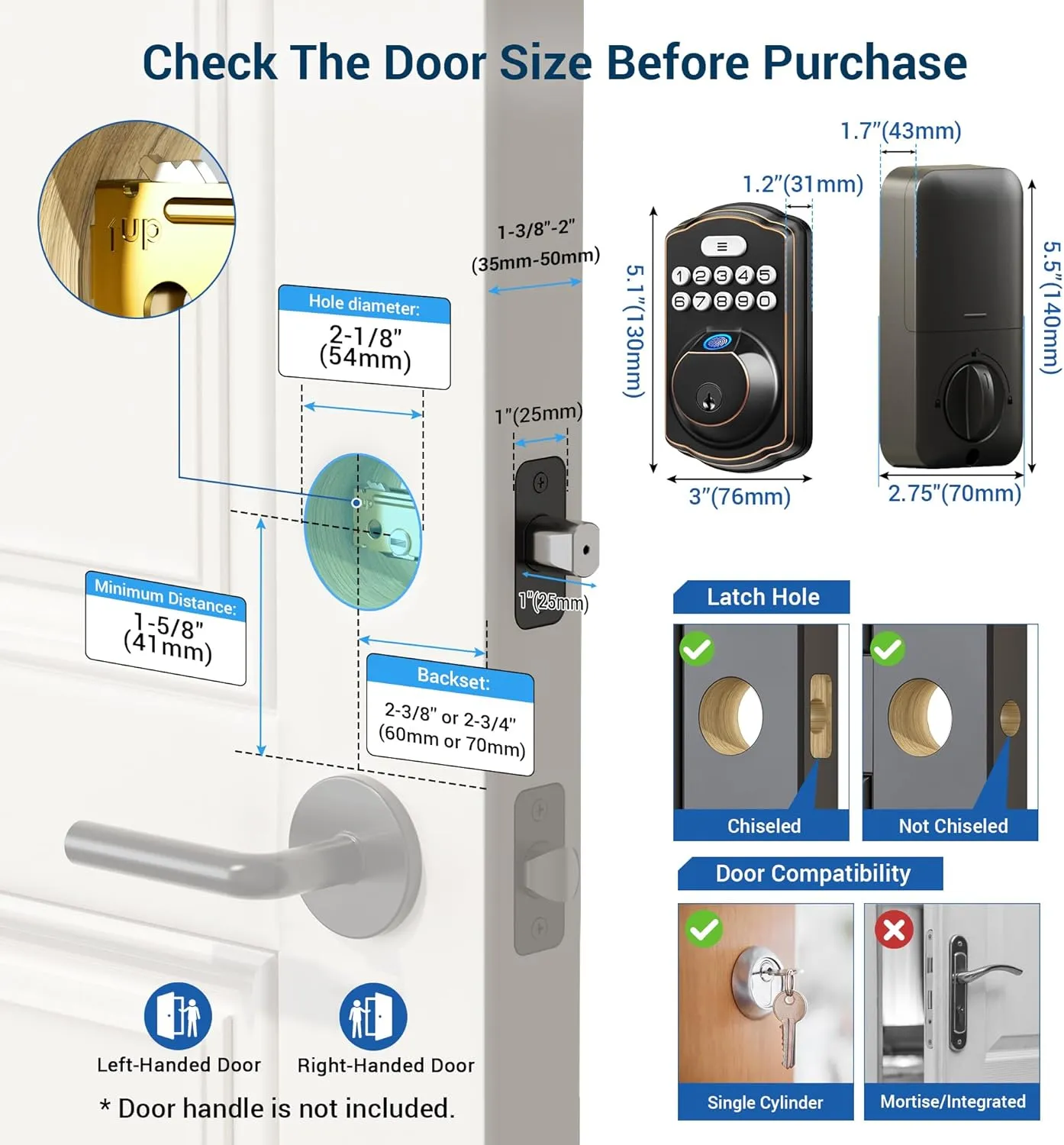 Veise Fingerprint Door Lock, Keyless Entry, Auto Lock, Electronic Keypad Deadbolt for Front Door, Biometric, Anti-Peeking Password, Easy Install, Oil Rubbed Bronze
