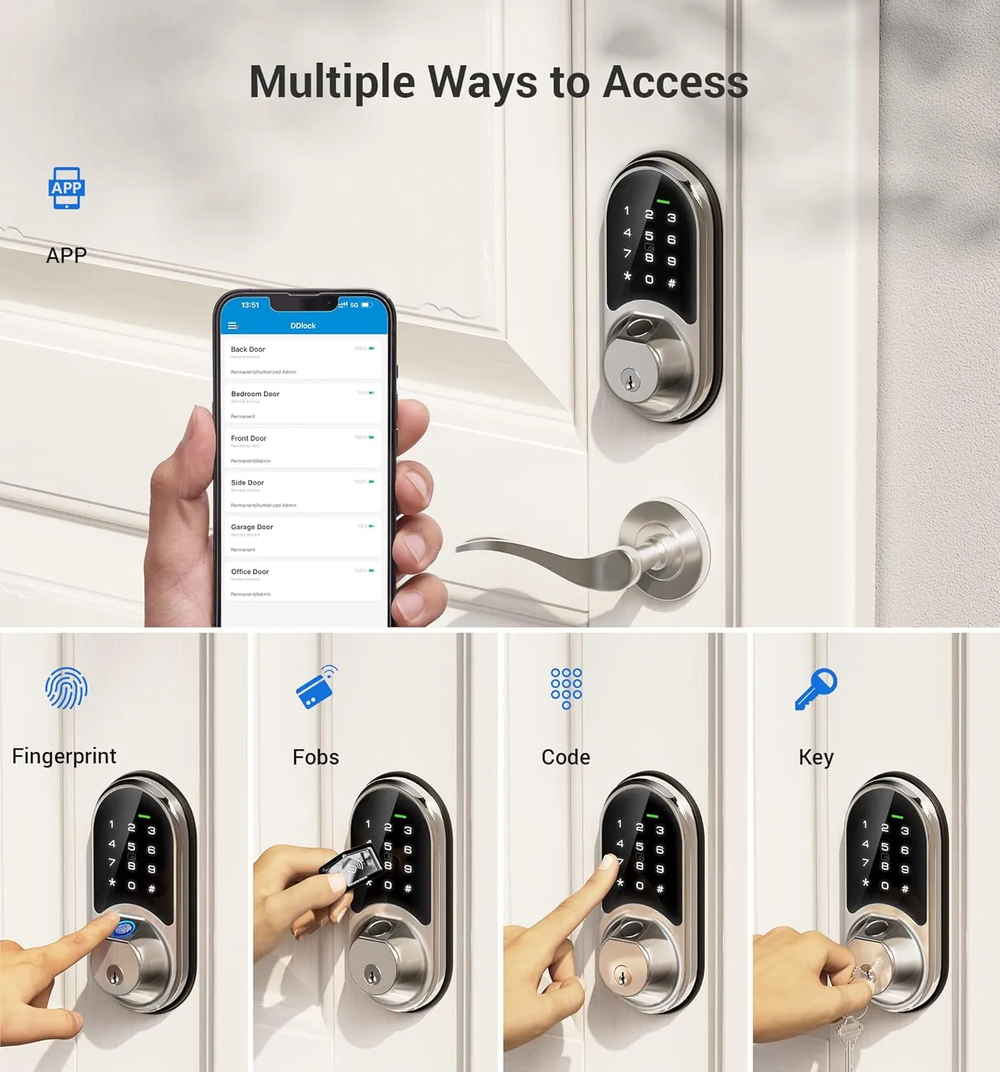 Veise RZ07 Smart Lock, Fingerprint Door Lock, 7-in-1 Keyless Entry with App Control, Electronic Touchscreen Keypad Deadbolt, Biometric Smart Locks for Front Door, Satin Nickel
