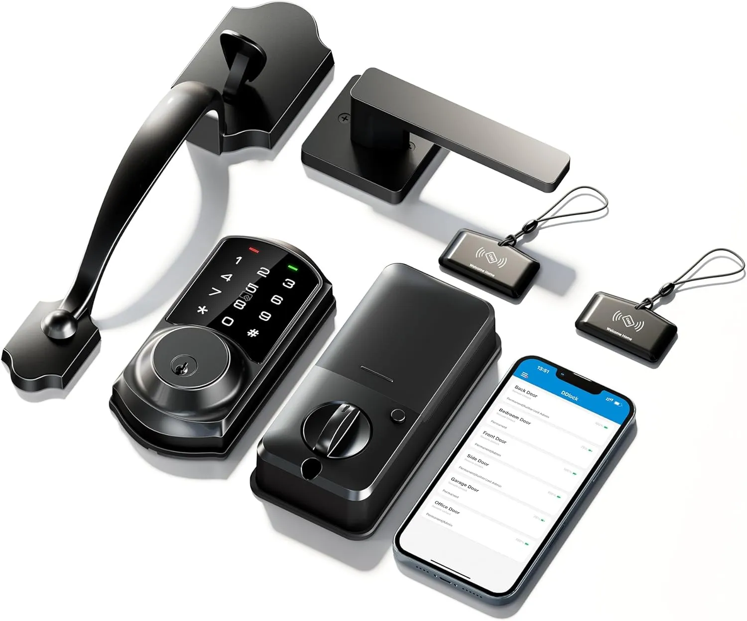 Veise Smart Front Door Lock Set, App Control, Keyless Entry Deadbolt with Lever Handle, Electronic Digital Touchscreen Keypad, Auto Lock, Easy Install, Matte Black