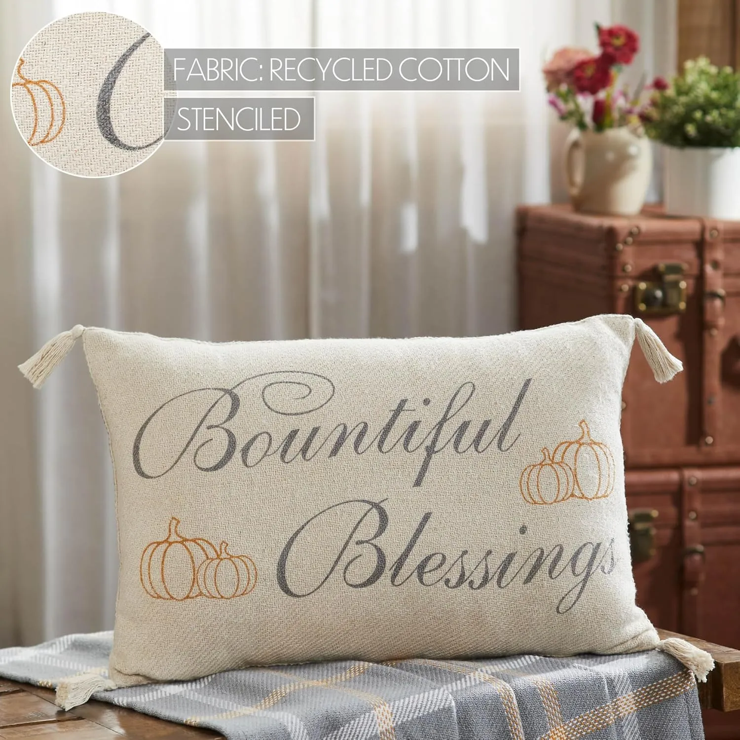 VHC Brands Harvest Blessings Bountiful Blessings Woven Pillow 14x22, Decorative Fall Throw Pillow, Primitive Decor for Fall and Thanksgiving
