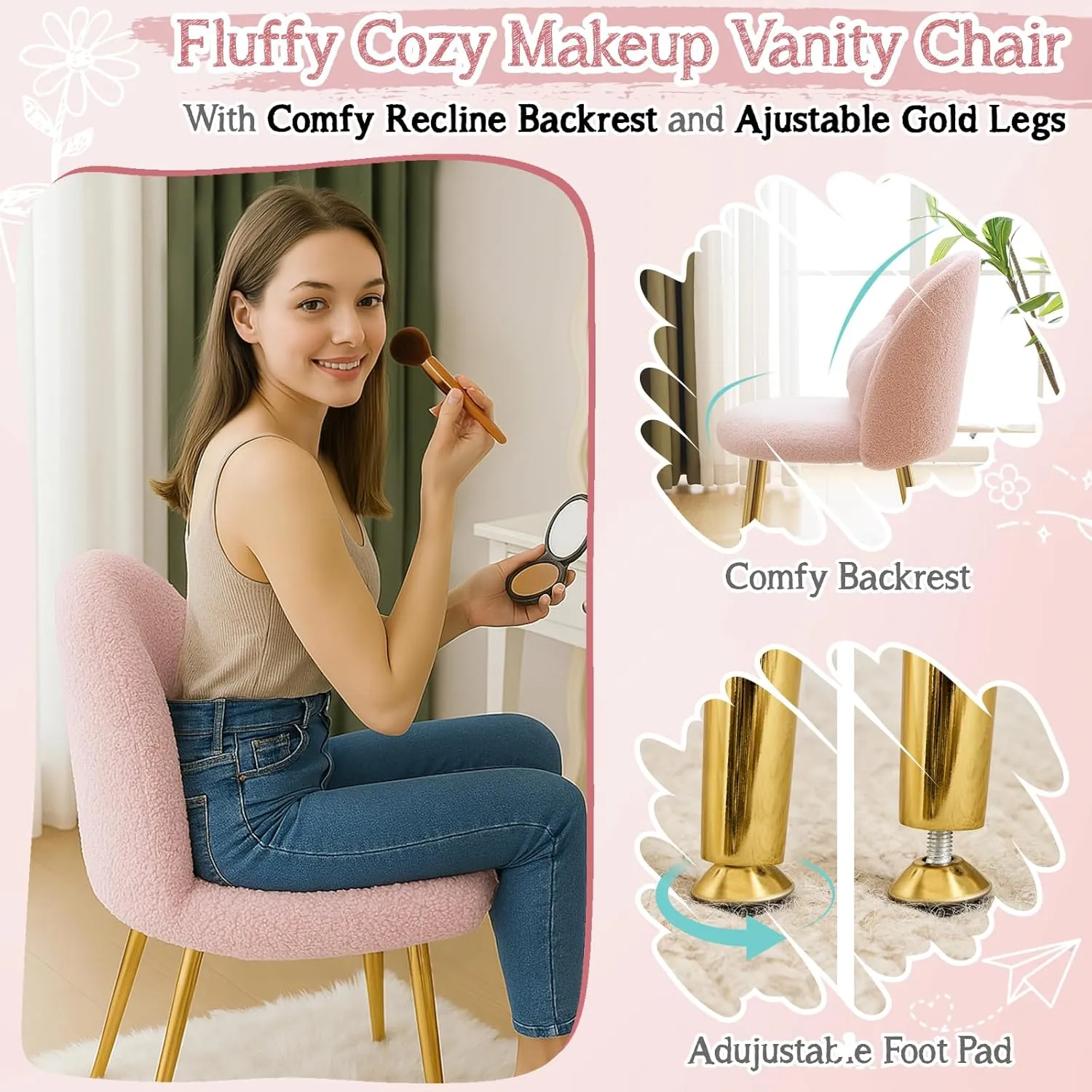 VINGLI Boucle Girls Vanity Chair with Back & Pillow,Cute Small Cozy Desk Chair No Wheels,Comfy Makeup Ch with Ajustable Gold Legs,for Bedroom,Living Room,Small Space,Pink