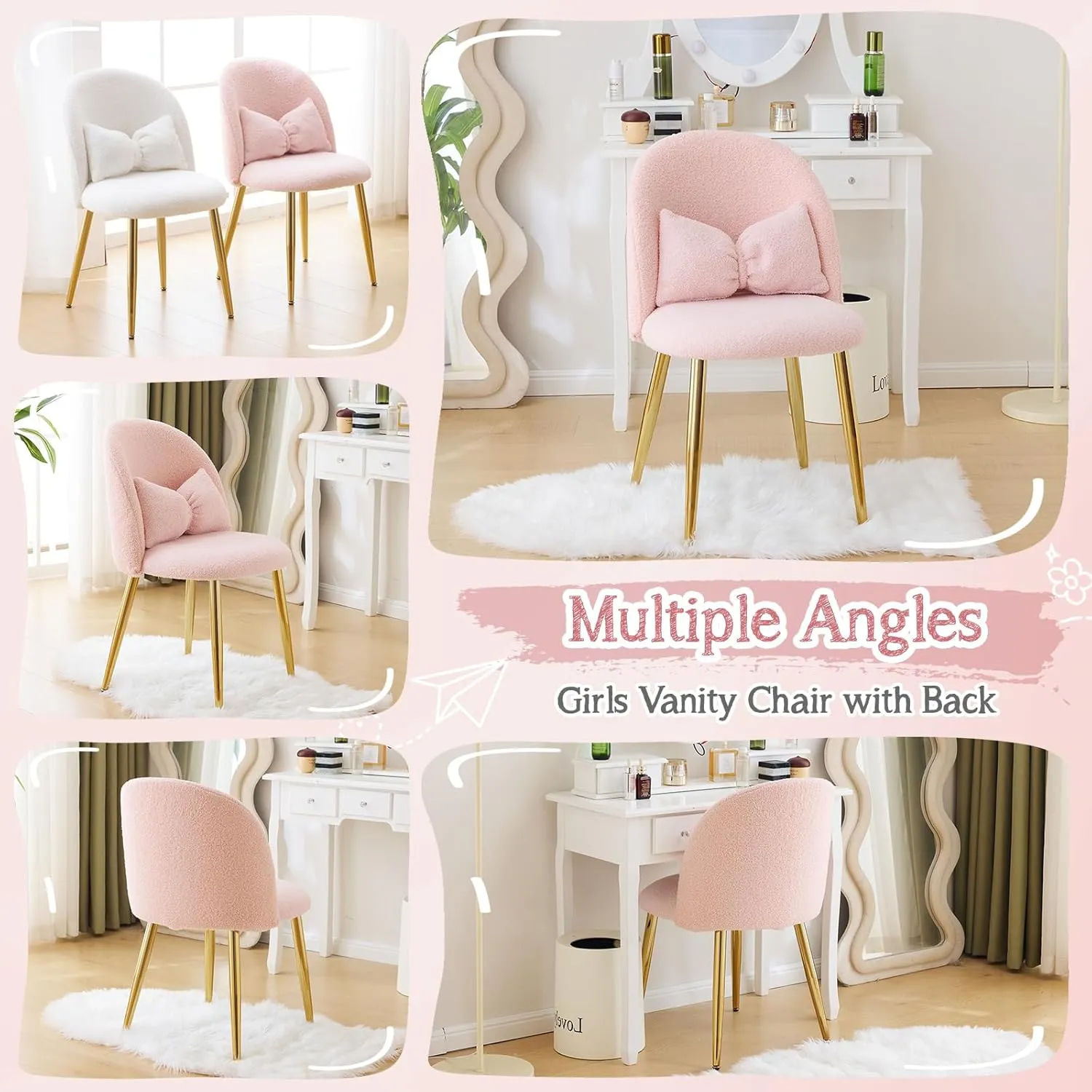 VINGLI Boucle Girls Vanity Chair with Back & Pillow,Cute Small Cozy Desk Chair No Wheels,Comfy Makeup Ch with Ajustable Gold Legs,for Bedroom,Living Room,Small Space,Pink