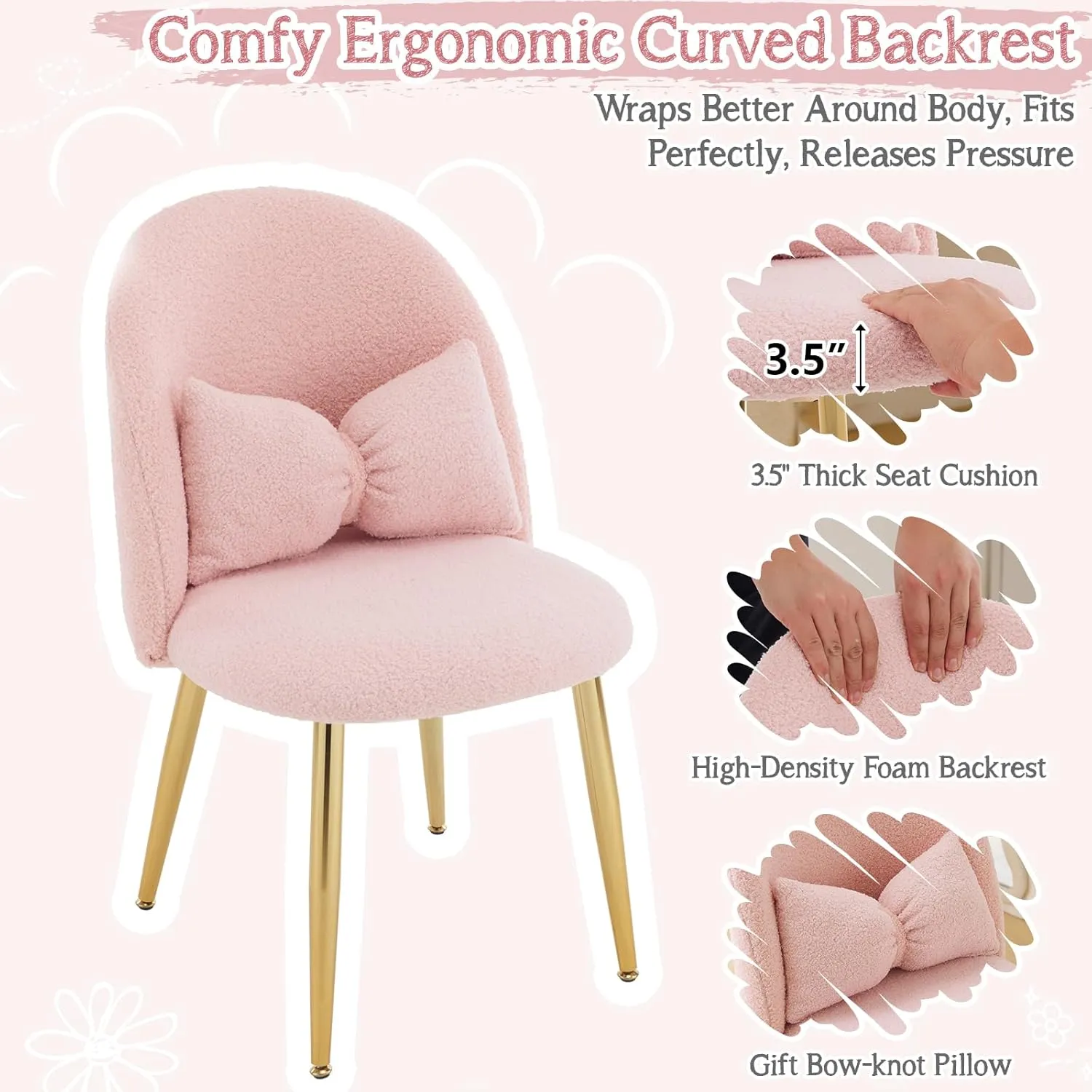 VINGLI Boucle Girls Vanity Chair with Back & Pillow,Cute Small Cozy Desk Chair No Wheels,Comfy Makeup Ch with Ajustable Gold Legs,for Bedroom,Living Room,Small Space,Pink