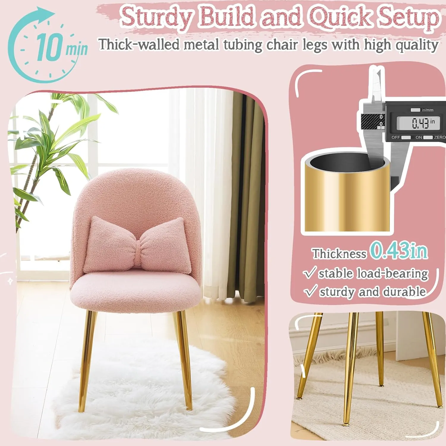 VINGLI Boucle Girls Vanity Chair with Back & Pillow,Cute Small Cozy Desk Chair No Wheels,Comfy Makeup Ch with Ajustable Gold Legs,for Bedroom,Living Room,Small Space,Pink