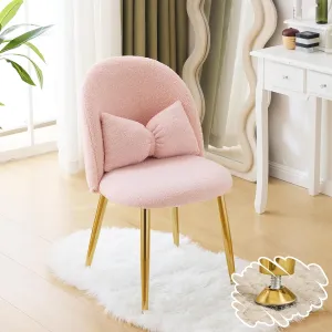 VINGLI Boucle Girls Vanity Chair with Back & Pillow,Cute Small Cozy Desk Chair No Wheels,Comfy Makeup Ch with Ajustable Gold Legs,for Bedroom,Living Room,Small Space,Pink