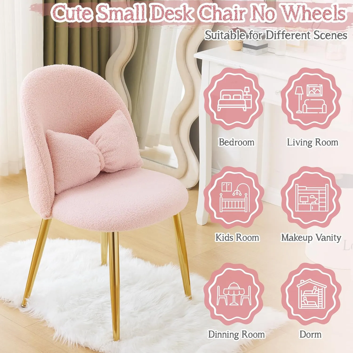 VINGLI Boucle Girls Vanity Chair with Back & Pillow,Cute Small Cozy Desk Chair No Wheels,Comfy Makeup Ch with Ajustable Gold Legs,for Bedroom,Living Room,Small Space,Pink