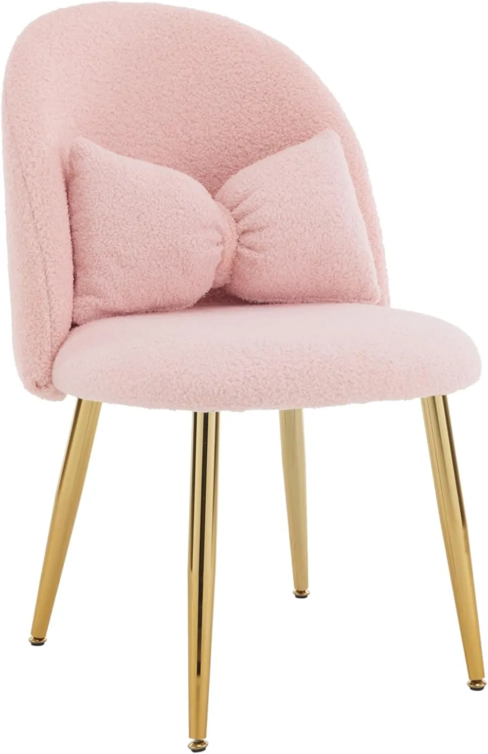 VINGLI Boucle Girls Vanity Chair with Back & Pillow,Cute Small Cozy Desk Chair No Wheels,Comfy Makeup Ch with Ajustable Gold Legs,for Bedroom,Living Room,Small Space,Pink