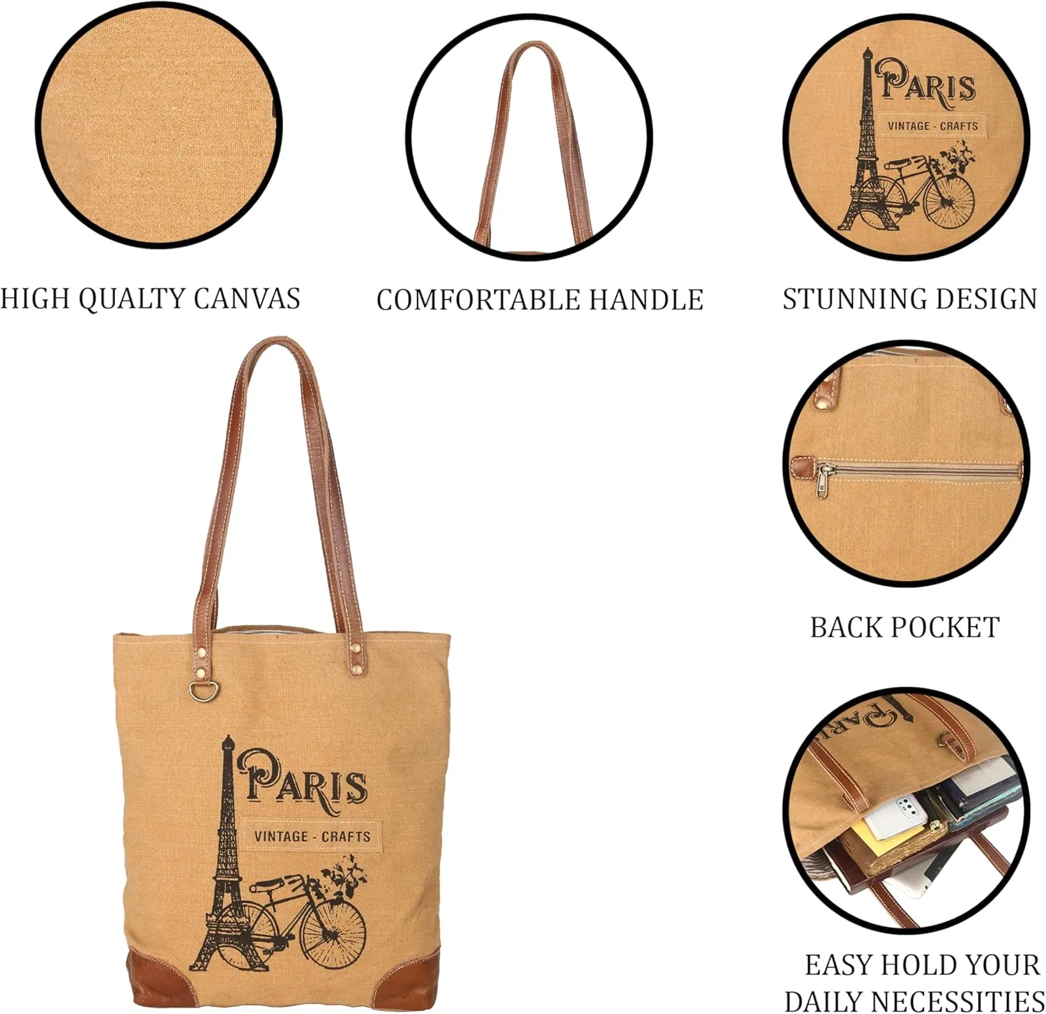 vintage crafts Paris Debonair Upcycled Canvas & Leather Tote Bag Shoulder Handbag for Woman with Handles (White)