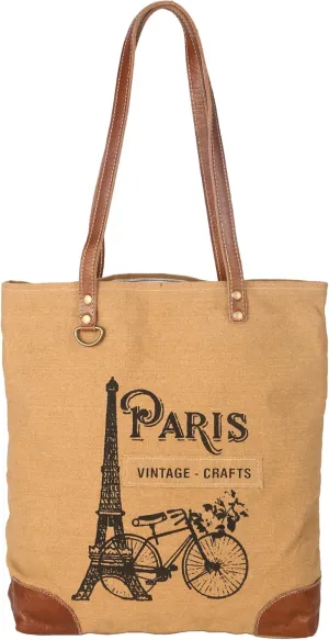 vintage crafts Paris Debonair Upcycled Canvas & Leather Tote Bag Shoulder Handbag for Woman with Handles (White)