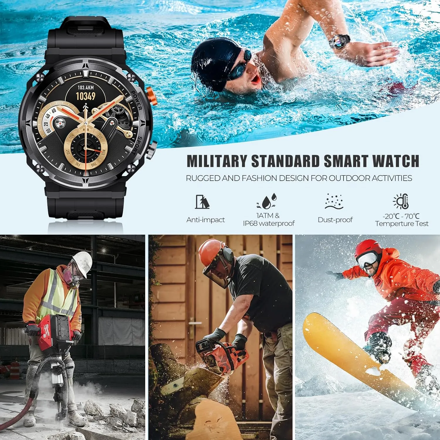 VIRAN Military Smart Watches for Men, 5ATM Waterproof Rugged Smart Watch with Bluetooth Call (Answer/Dial Call), 1.39” HD IP68 Fitness Tracker Watch with 100  Sport Modes for Android/iOS Phone