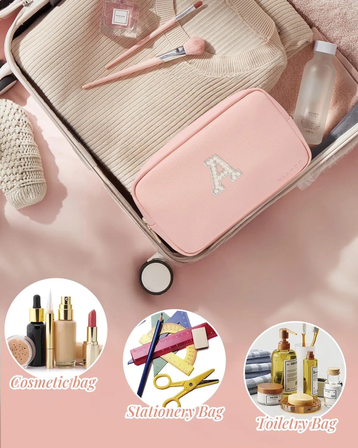 Vlando Bridesmaid Proposal Gifts Travel Makeup Bag Organzier Personalized Gifts for Women, Teen Girl Gifts Trendy Stuff, Teenage Girl Gifts, Initial Cosmetic Bag Letter S