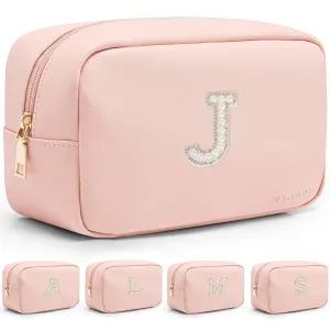 Vlando Gifts for Girls Initial Makeup Bag Personalized Makeup Bag witt Pearl Cute Travel Toiletry Bag Preppy Makeup Pouch Birthday Gift for Teen Girls Women Daughter J