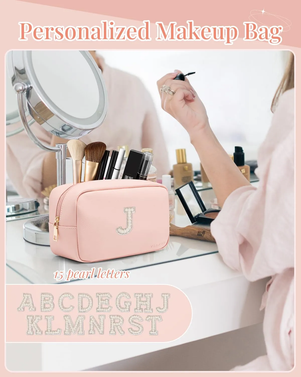 Vlando Gifts for Girls Initial Makeup Bag Personalized Makeup Bag witt Pearl Cute Travel Toiletry Bag Preppy Makeup Pouch Birthday Gift for Teen Girls Women Daughter J