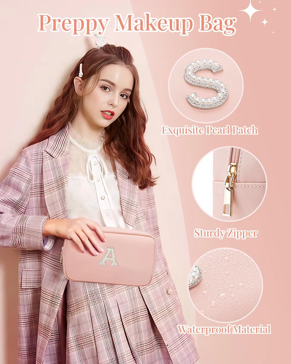Vlando Gifts for Girls Initial Makeup Bag Personalized Makeup Bag witt Pearl Cute Travel Toiletry Bag Preppy Makeup Pouch Birthday Gift for Teen Girls Women Daughter J