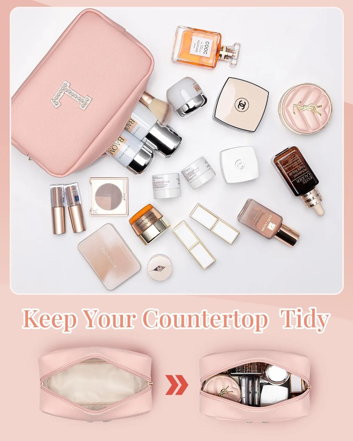 Vlando Graduation Gifts,Girls Makeup Bag Travel Bag Makeup Pouch for Bridal Shower Gifts Wedding Gift Pearl Patch Makeup Purse for Teen Girls Trendy Stuff Letter A