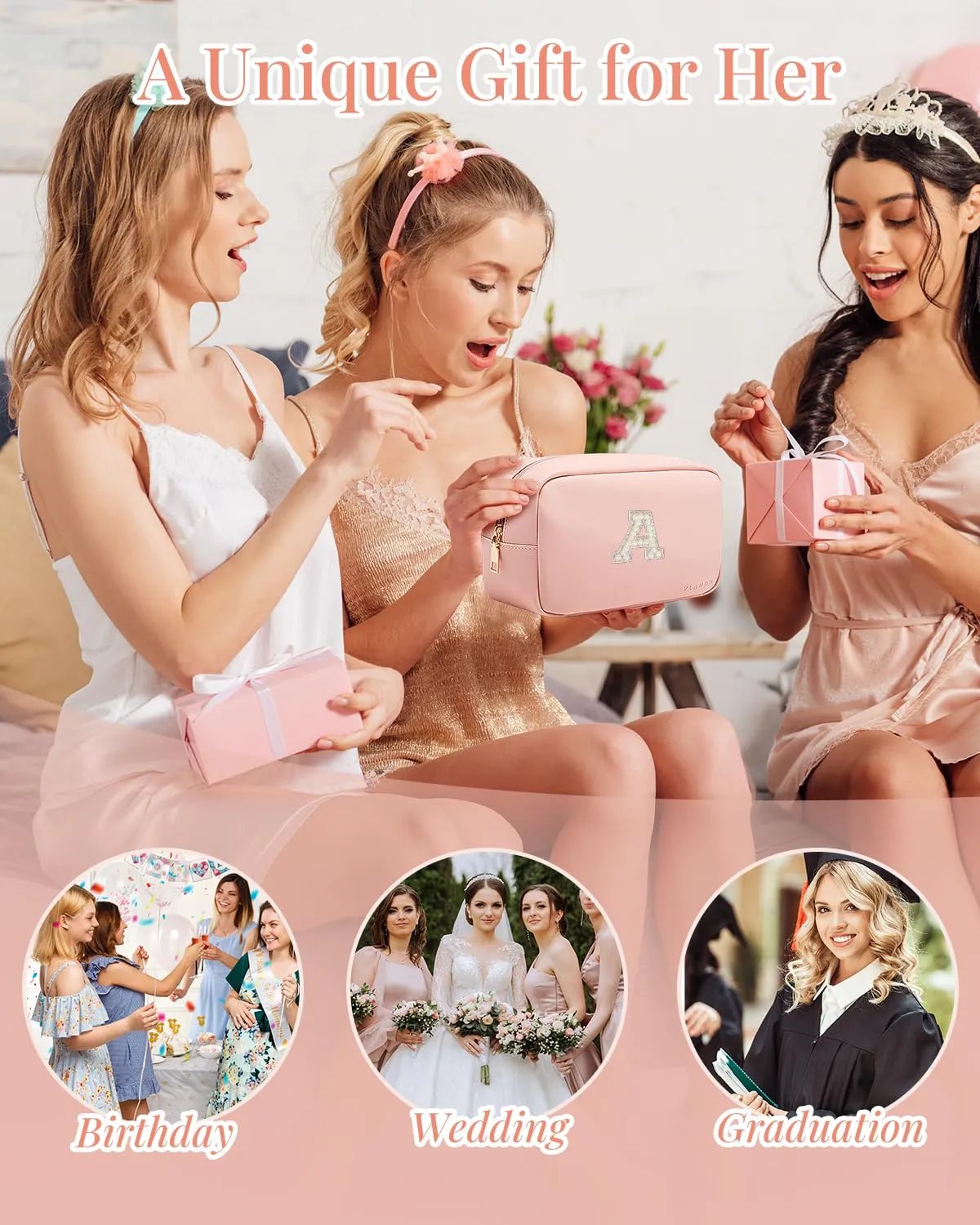 Vlando Graduation Gifts,Girls Makeup Bag Travel Bag Makeup Pouch for Bridal Shower Gifts Wedding Gift Pearl Patch Makeup Purse for Teen Girls Trendy Stuff Letter A