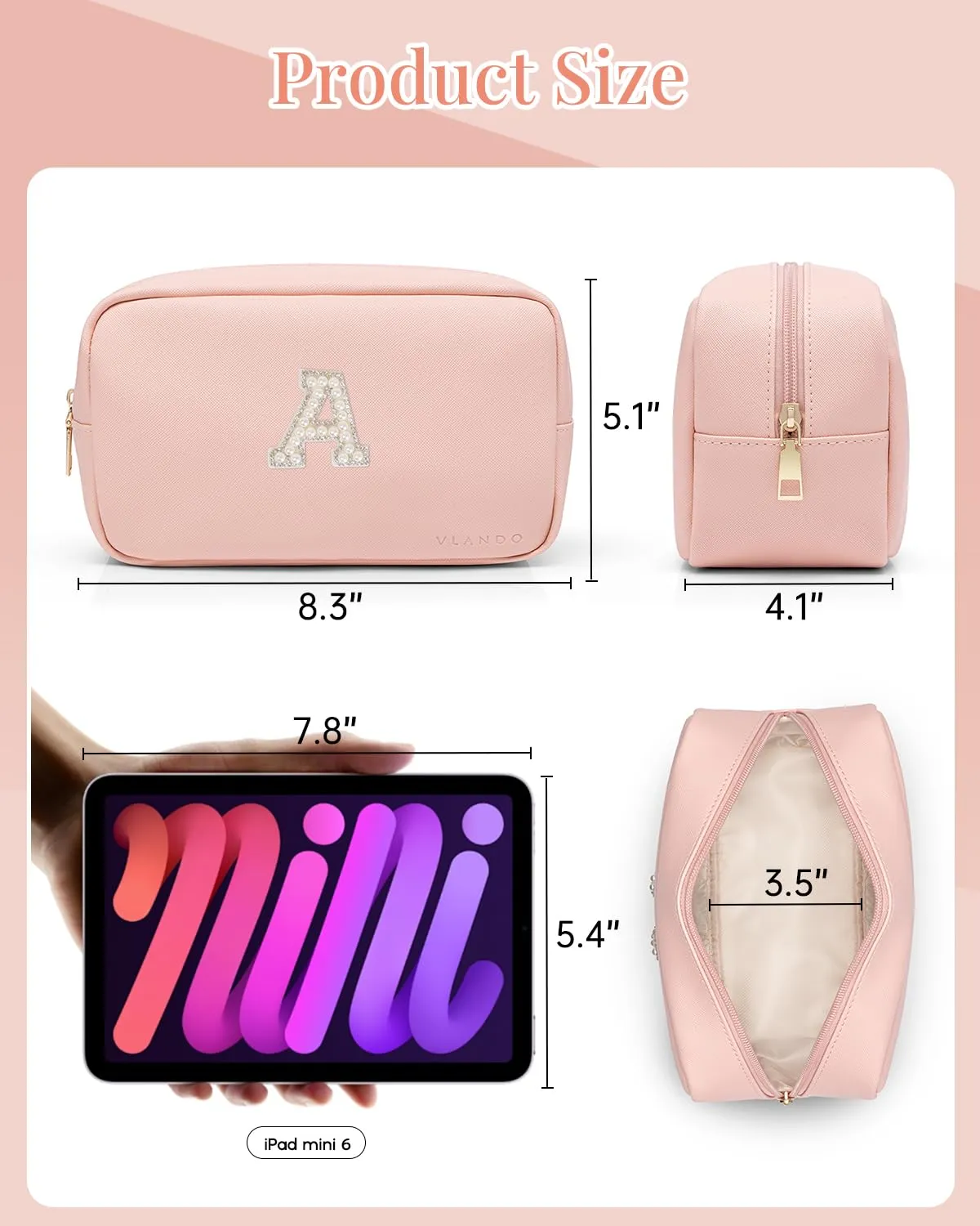 Vlando Graduation Gifts,Girls Makeup Bag Travel Bag Makeup Pouch for Bridal Shower Gifts Wedding Gift Pearl Patch Makeup Purse for Teen Girls Trendy Stuff Letter A