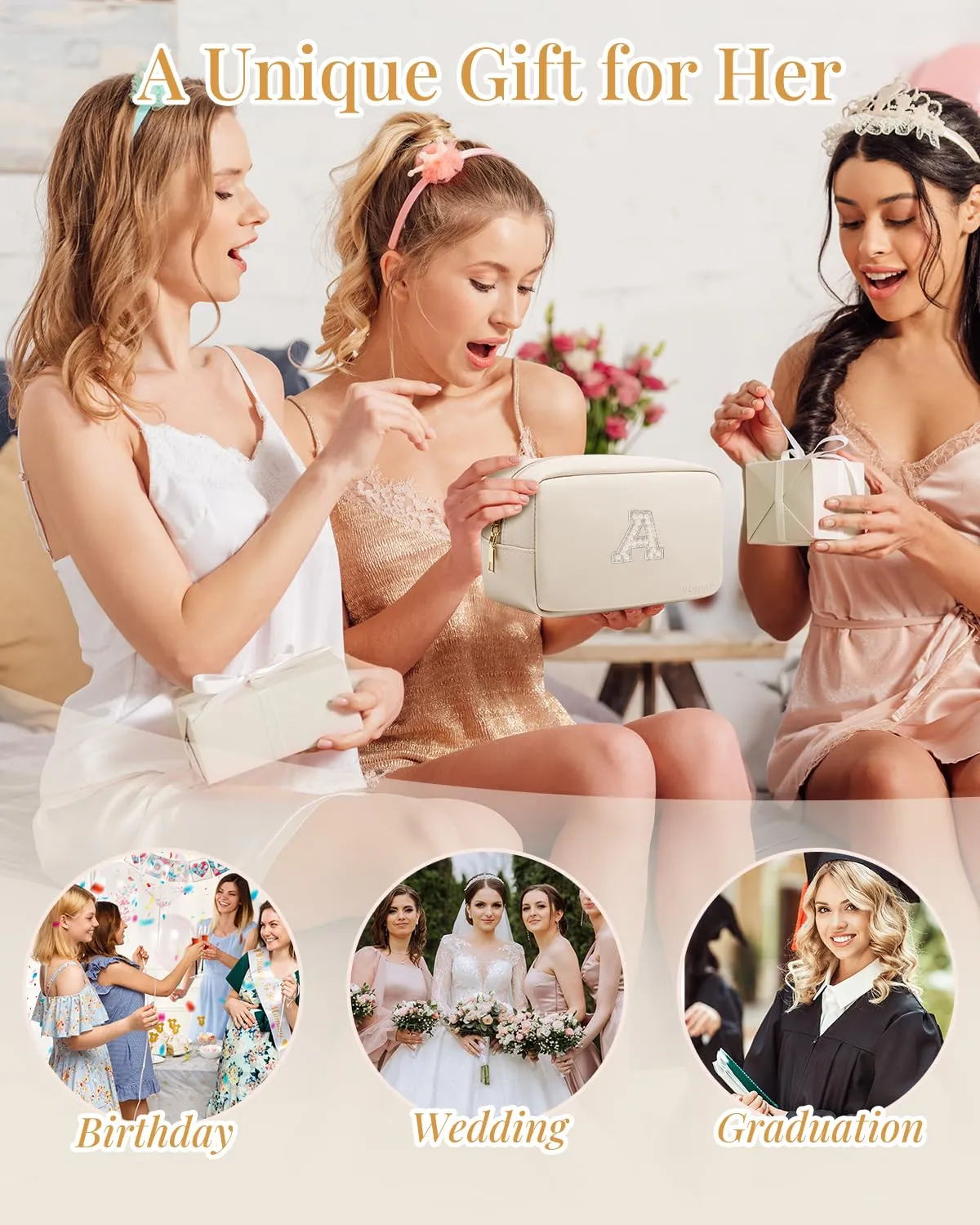 Vlando Travel Gifts for Women Make up Bag Bridesmaid Proposal Gifts Pearl Letter Pouch Cosmetic Bag Zipper Purse for Women Girls Daughter Preppy Stuff L