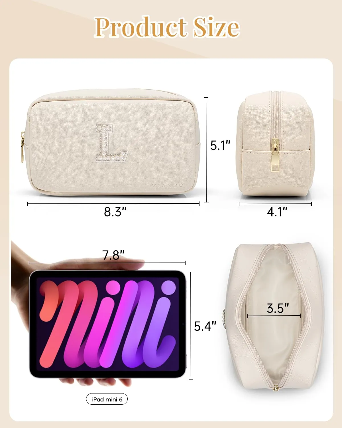 Vlando Travel Gifts for Women Make up Bag Bridesmaid Proposal Gifts Pearl Letter Pouch Cosmetic Bag Zipper Purse for Women Girls Daughter Preppy Stuff L