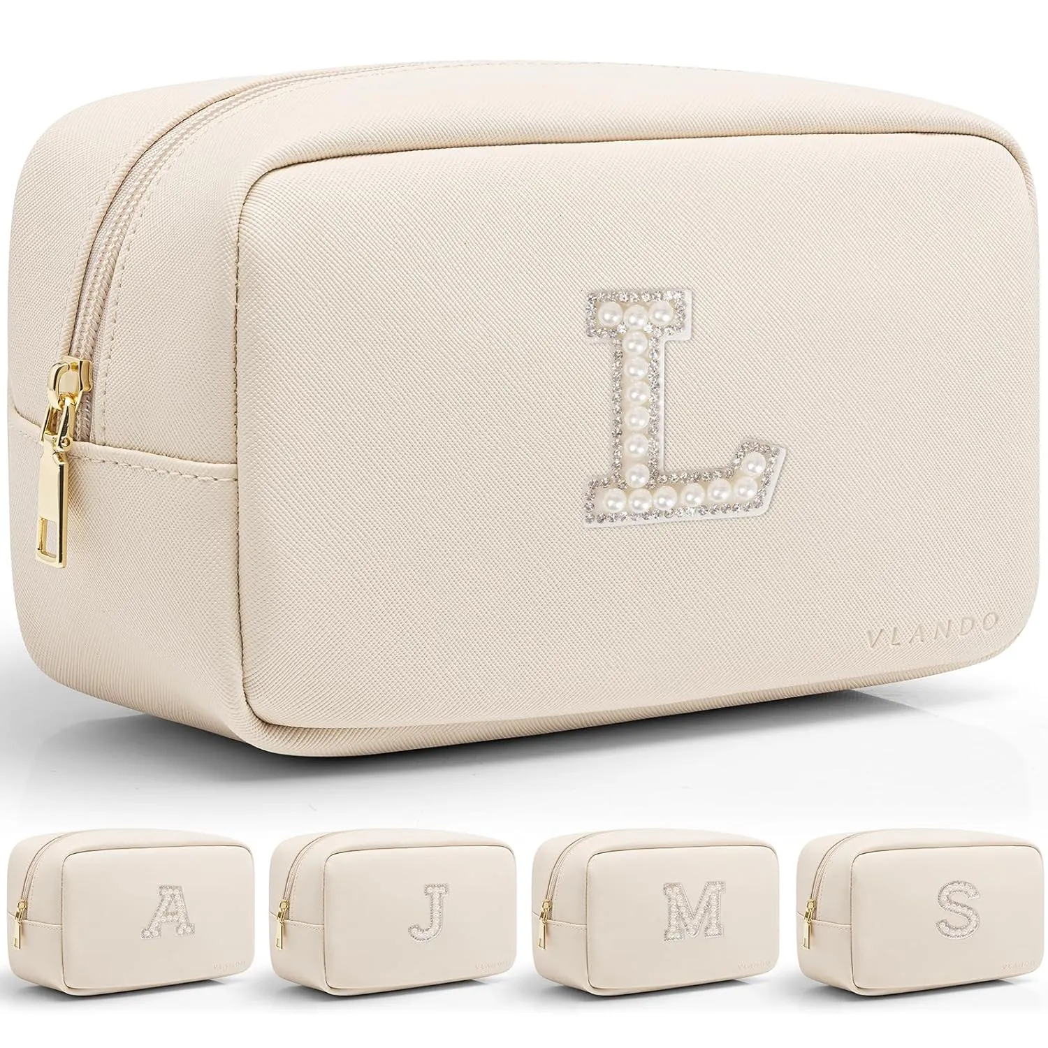 Vlando Travel Gifts for Women Make up Bag Bridesmaid Proposal Gifts Pearl Letter Pouch Cosmetic Bag Zipper Purse for Women Girls Daughter Preppy Stuff L