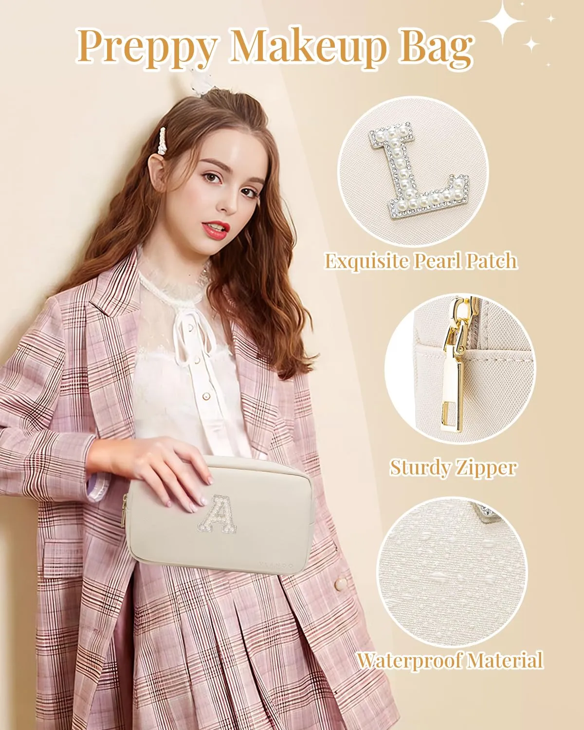 Vlando Travel Gifts for Women Make up Bag Bridesmaid Proposal Gifts Pearl Letter Pouch Cosmetic Bag Zipper Purse for Women Girls Daughter Preppy Stuff L