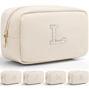 Vlando Travel Gifts for Women Make up Bag Bridesmaid Proposal Gifts Pearl Letter Pouch Cosmetic Bag Zipper Purse for Women Girls Daughter Preppy Stuff L
