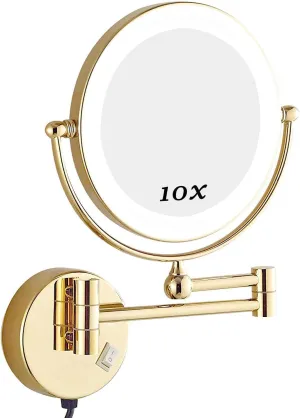 Wall Mirror for Bathroom, Makeup Mirror with Led Lights 10X, Makeup Mirror Wall Mounted, Round Makeup Mirror 360 Rotation, for Makeup (Color : Gold)
