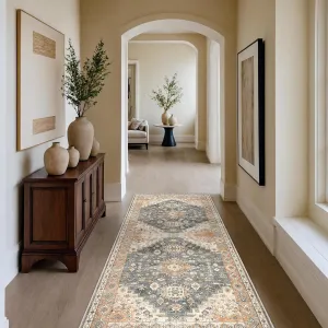 Washable Runner Rugs 2X5 for Hallway, Thin Indoor Chenille Low Pile Rug Non Slip, Vintage Boho Lightweight Carpet for Laundry Room Dining Room Kitchen Entryway Floor, Beige Gray