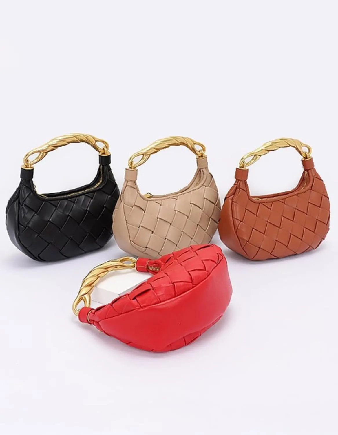 Weave Handbag PU Leather Shoulder Bag for Women Luxury Designer Round Tote Purse with Gold Chain Round Crossbody Bag