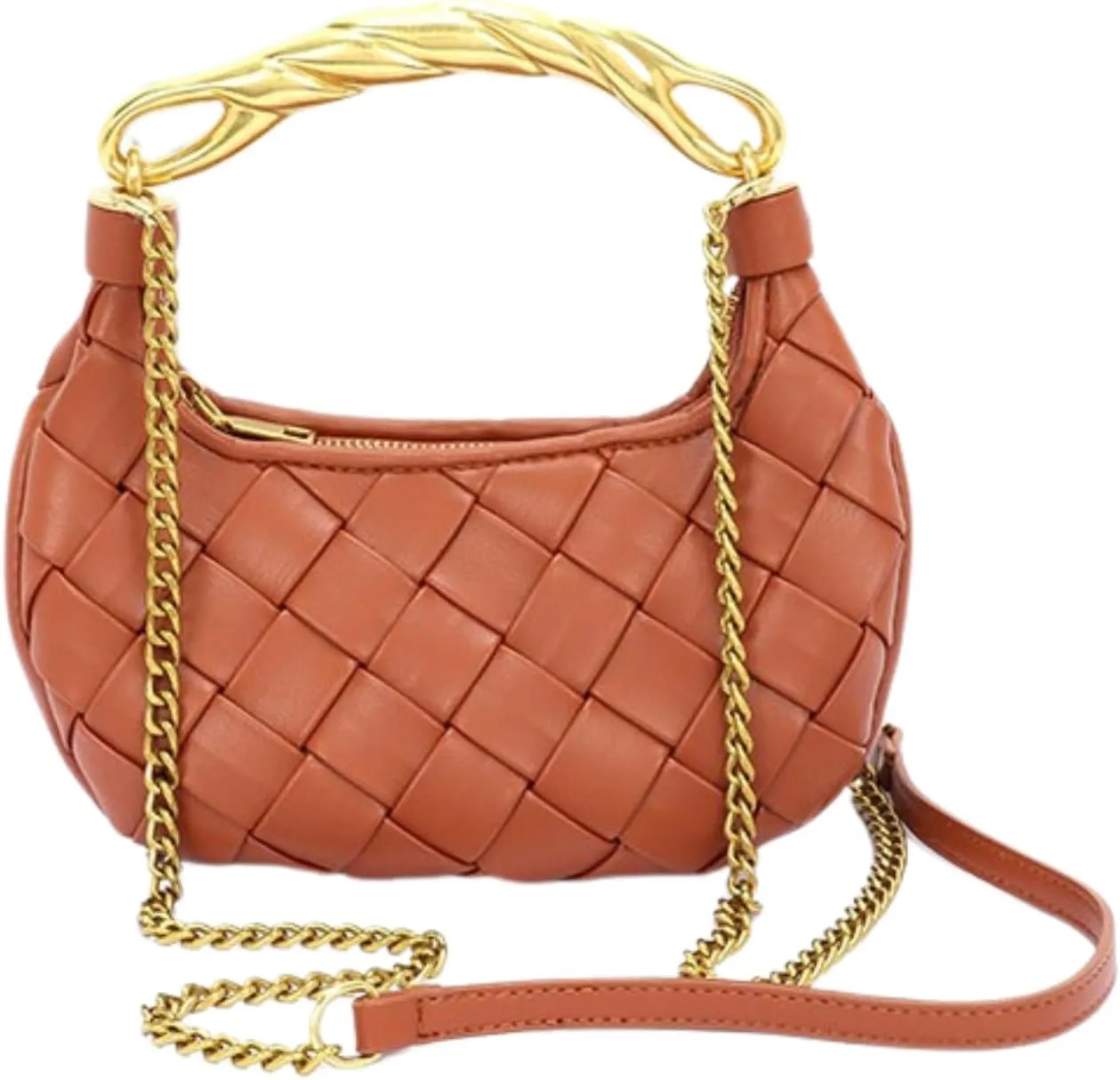 Weave Handbag PU Leather Shoulder Bag for Women Luxury Designer Round Tote Purse with Gold Chain Round Crossbody Bag