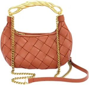 Weave Handbag PU Leather Shoulder Bag for Women Luxury Designer Round Tote Purse with Gold Chain Round Crossbody Bag