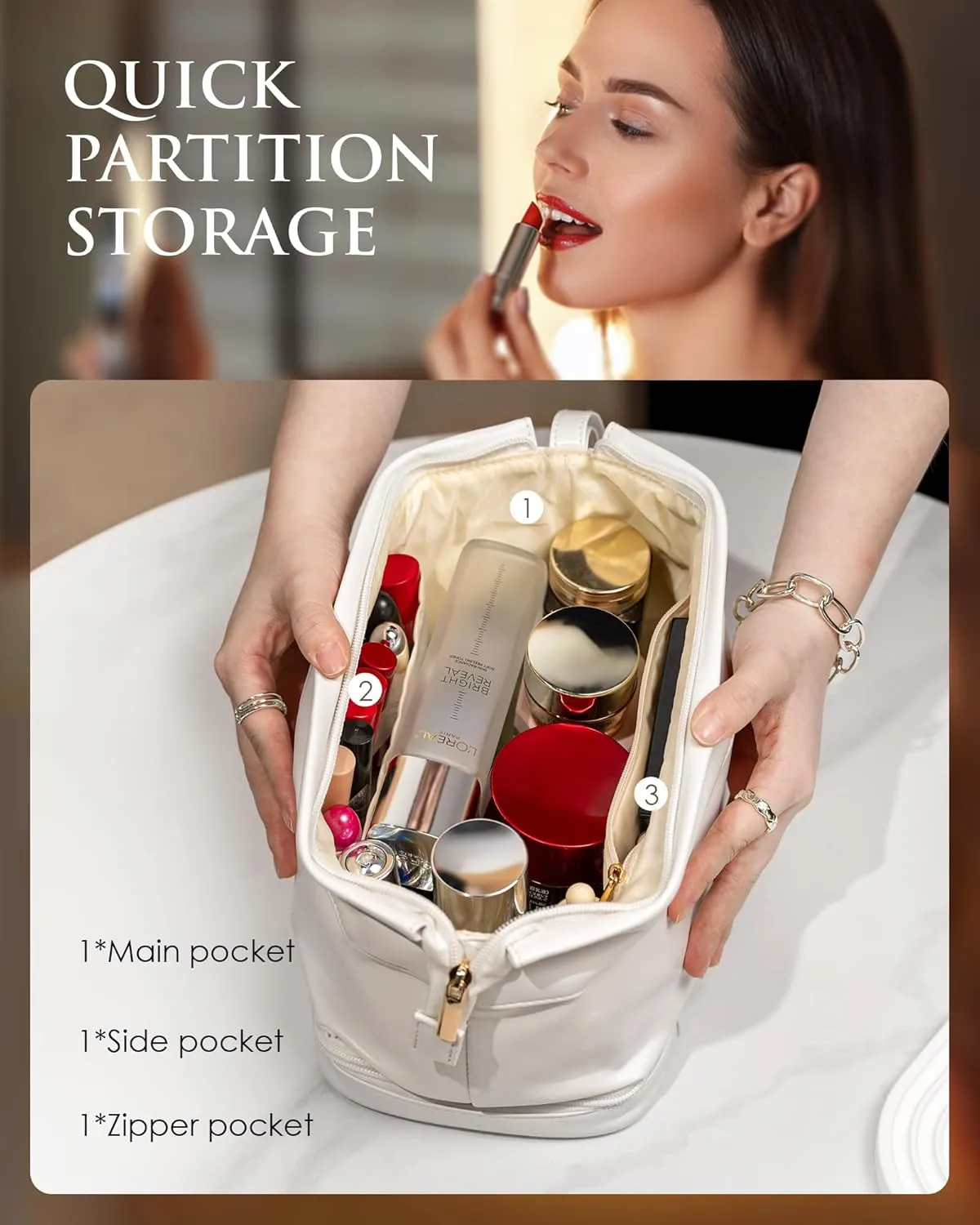 Wedding Gift Initial Makeup Bag, Personalized Double Layer Cosmetic Bag with Makeup Brush Organizer, Waterproof, Large Capacity PU Leather Travel Toiletry Bag Retirement Gifts, Daughter Gifts