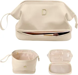 Wedding Gift Initial Makeup Bag, Personalized Double Layer Cosmetic Bag with Makeup Brush Organizer, Waterproof, Large Capacity PU Leather Travel Toiletry Bag Retirement Gifts, Daughter Gifts