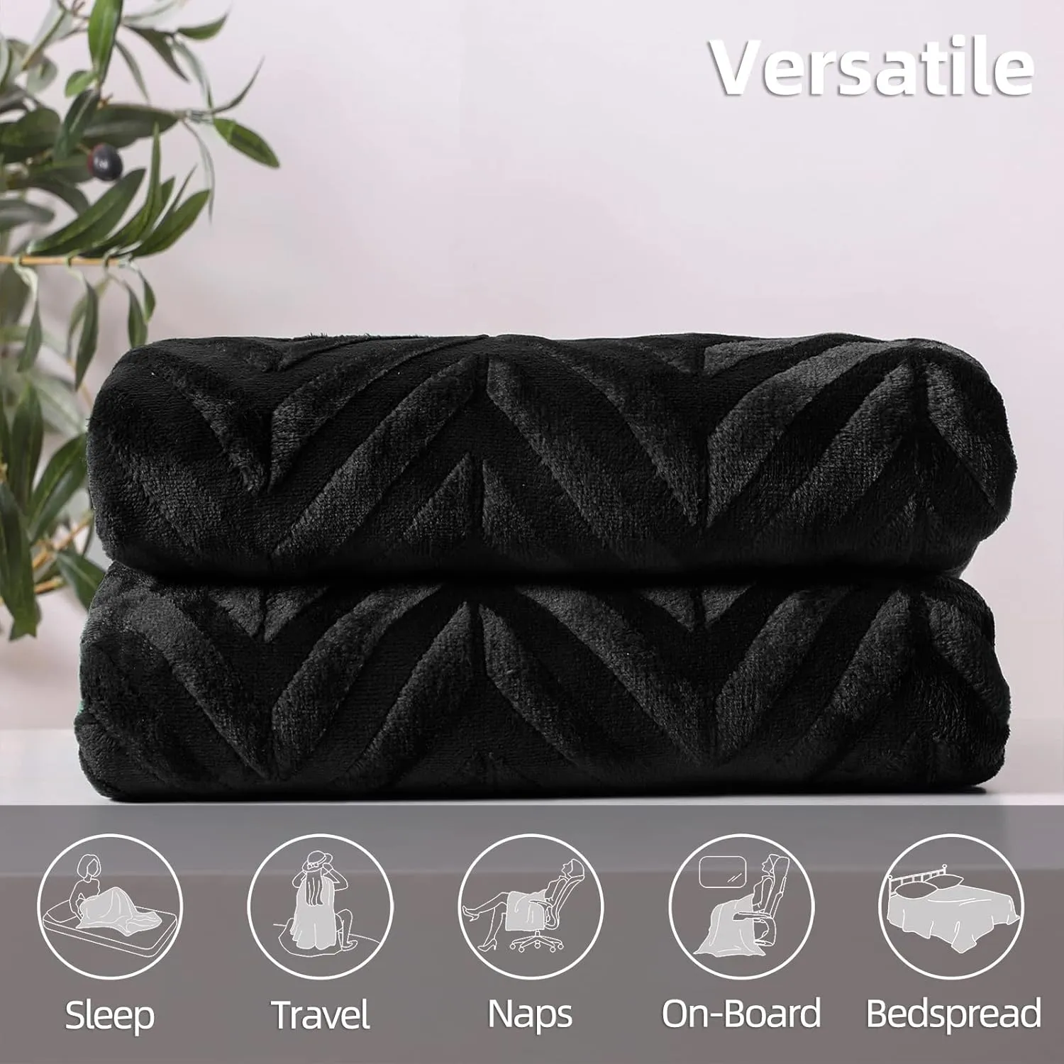 Whale Flotilla Flannel Fleece Queen Size Bed Blanket, Lightweight Breathable Soft Bedspread Plush Fluffy Coverlet Chevron Design Decorative Blanket for All Season, 90x90 Inch, Black