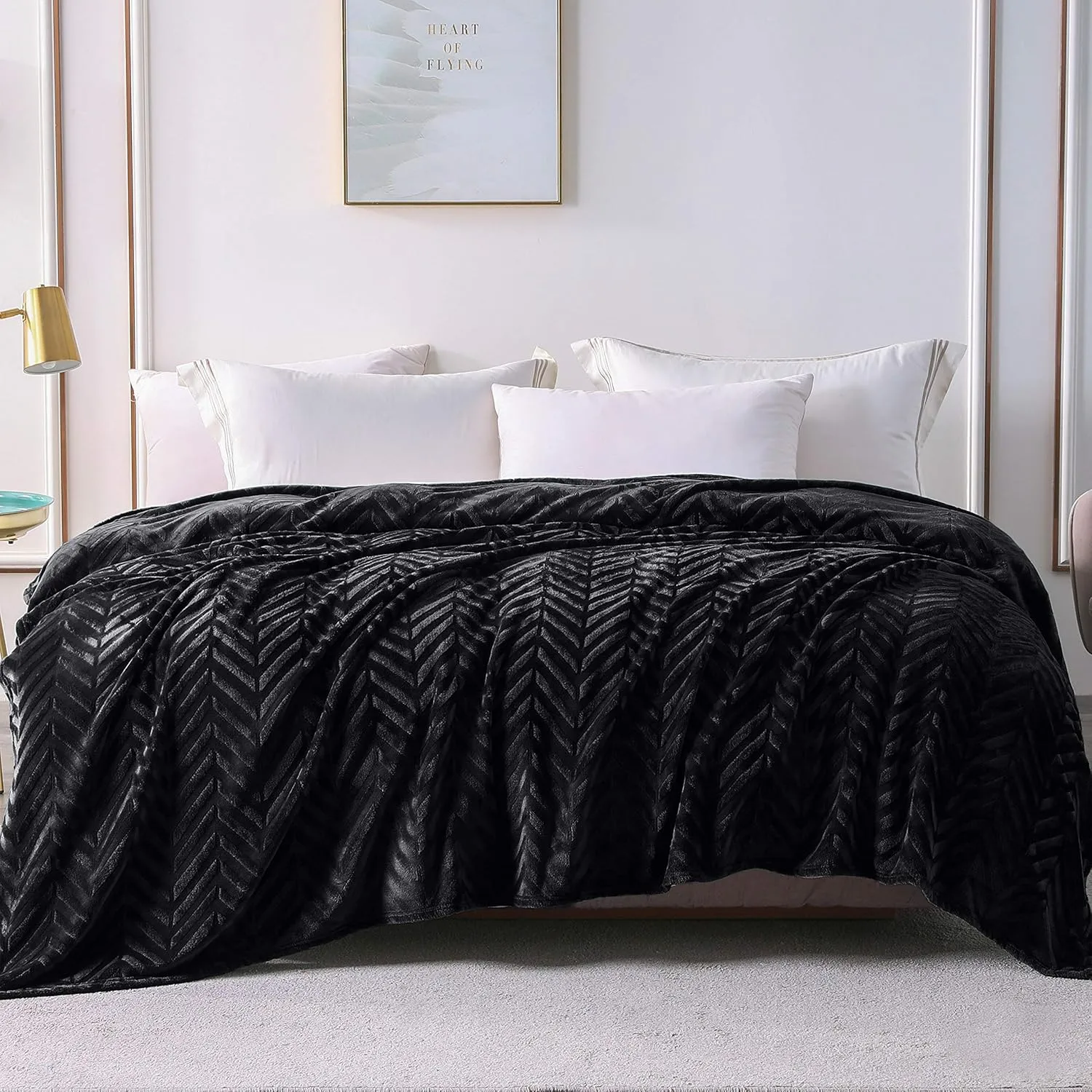 Whale Flotilla Flannel Fleece Queen Size Bed Blanket, Lightweight Breathable Soft Bedspread Plush Fluffy Coverlet Chevron Design Decorative Blanket for All Season, 90x90 Inch, Black