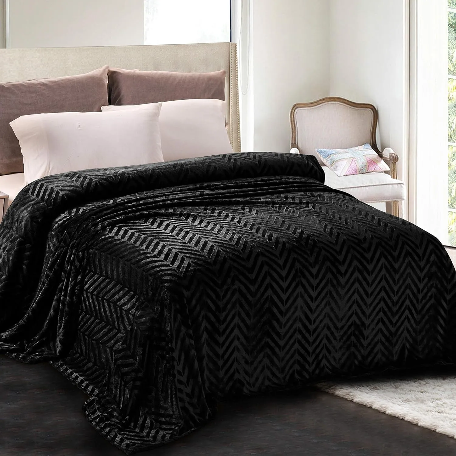 Whale Flotilla Flannel Fleece Queen Size Bed Blanket, Lightweight Breathable Soft Bedspread Plush Fluffy Coverlet Chevron Design Decorative Blanket for All Season, 90x90 Inch, Black