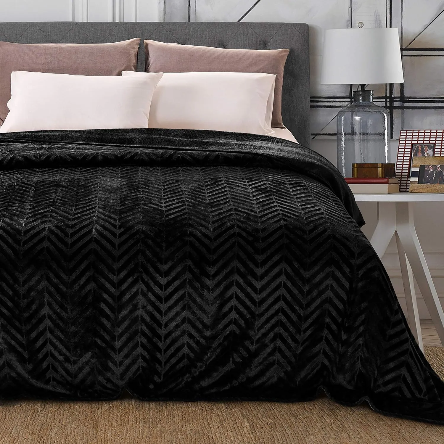 Whale Flotilla Flannel Fleece Queen Size Bed Blanket, Lightweight Breathable Soft Bedspread Plush Fluffy Coverlet Chevron Design Decorative Blanket for All Season, 90x90 Inch, Black