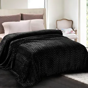 Whale Flotilla Flannel Fleece Queen Size Bed Blanket, Lightweight Breathable Soft Bedspread Plush Fluffy Coverlet Chevron Design Decorative Blanket for All Season, 90x90 Inch, Black