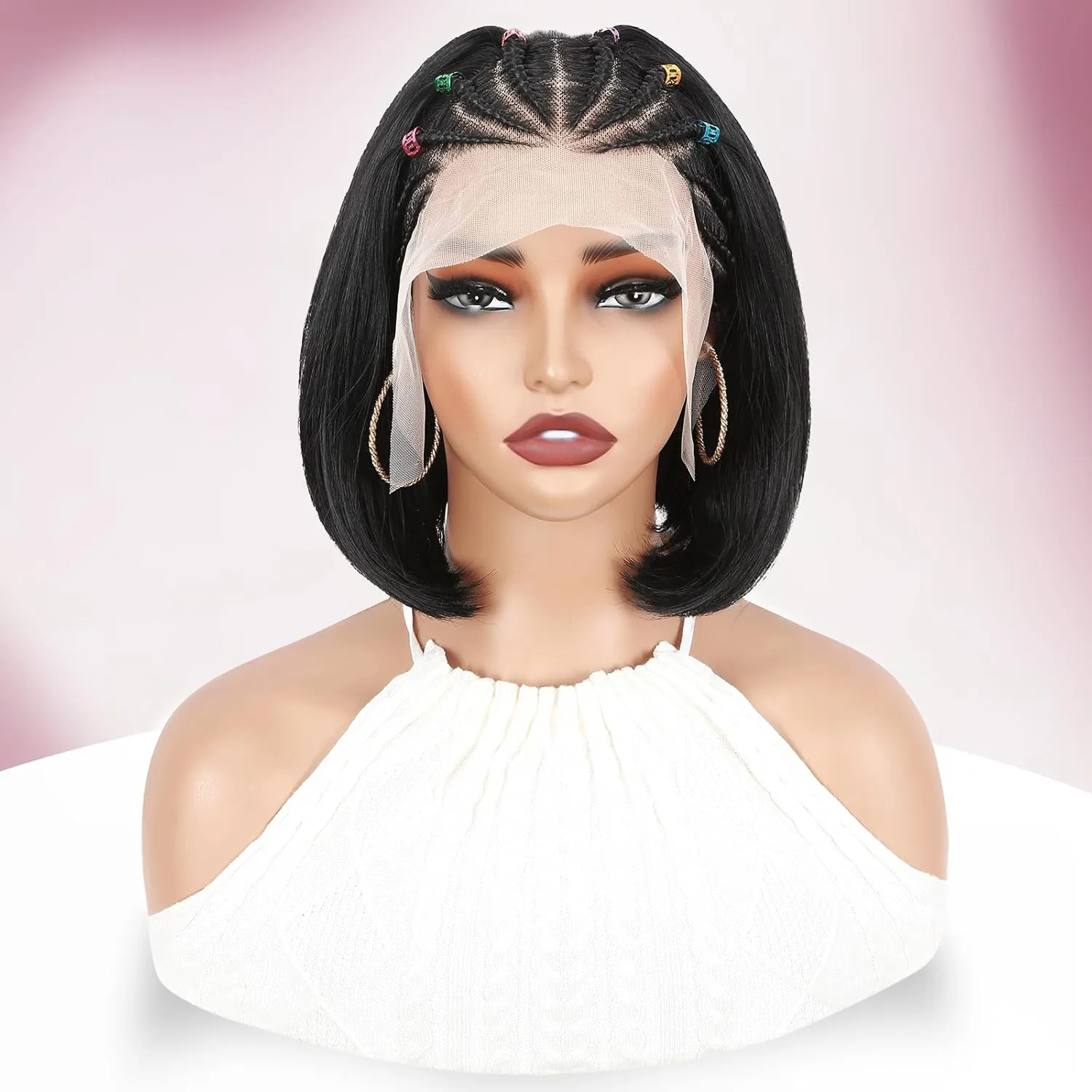 WIGER 13x4 Straight Bob Lace Frontal Wigs Cornrow Braided Wigs for Black Women Glueless Braided Lace Front Wigs 12 Inch Synthetic Short Cornrows Wigs