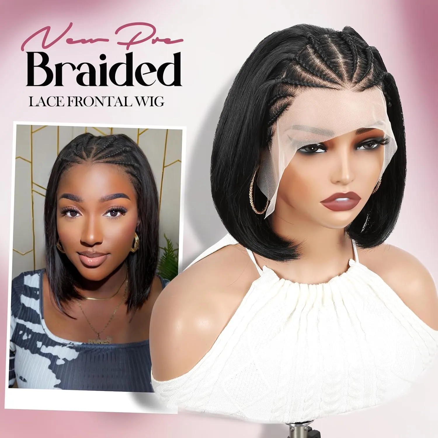 WIGER 13x4 Straight Bob Lace Frontal Wigs Cornrow Braided Wigs for Black Women Glueless Braided Lace Front Wigs 12 Inch Synthetic Short Cornrows Wigs