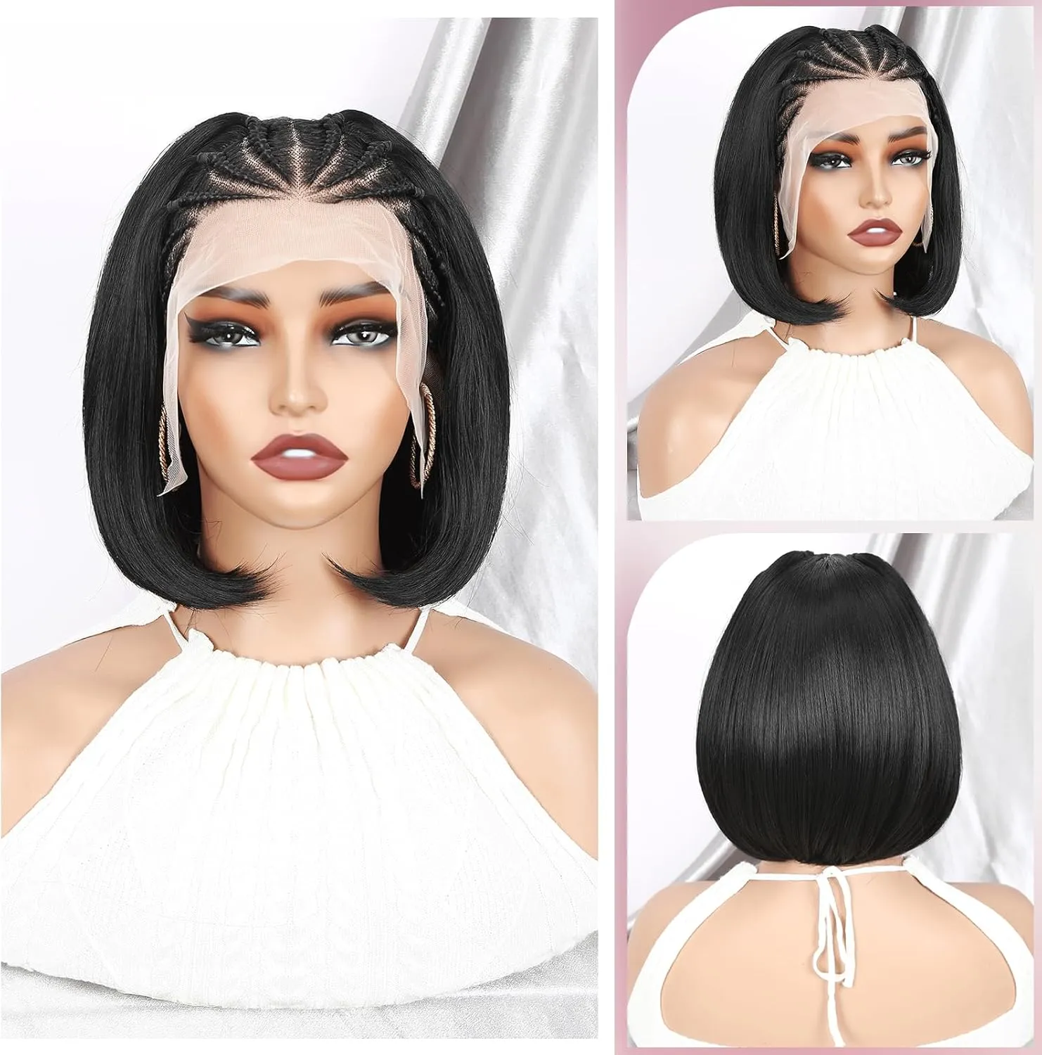 WIGER 13x4 Straight Bob Lace Frontal Wigs Cornrow Braided Wigs for Black Women Glueless Braided Lace Front Wigs 12 Inch Synthetic Short Cornrows Wigs
