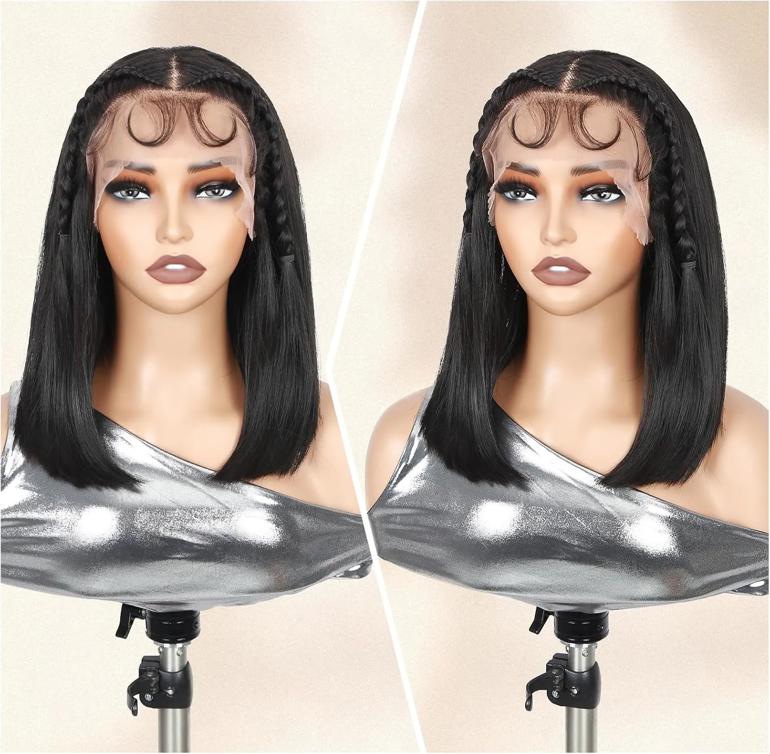 WIGER 13x6 Straight Bob Lace Frontal Wigs Braided Lace Front Wigs for Black Women Natural Black Straight Bob Wigs 14 Inch Synthetic Full Lace Frontal Glueless Bob Wig