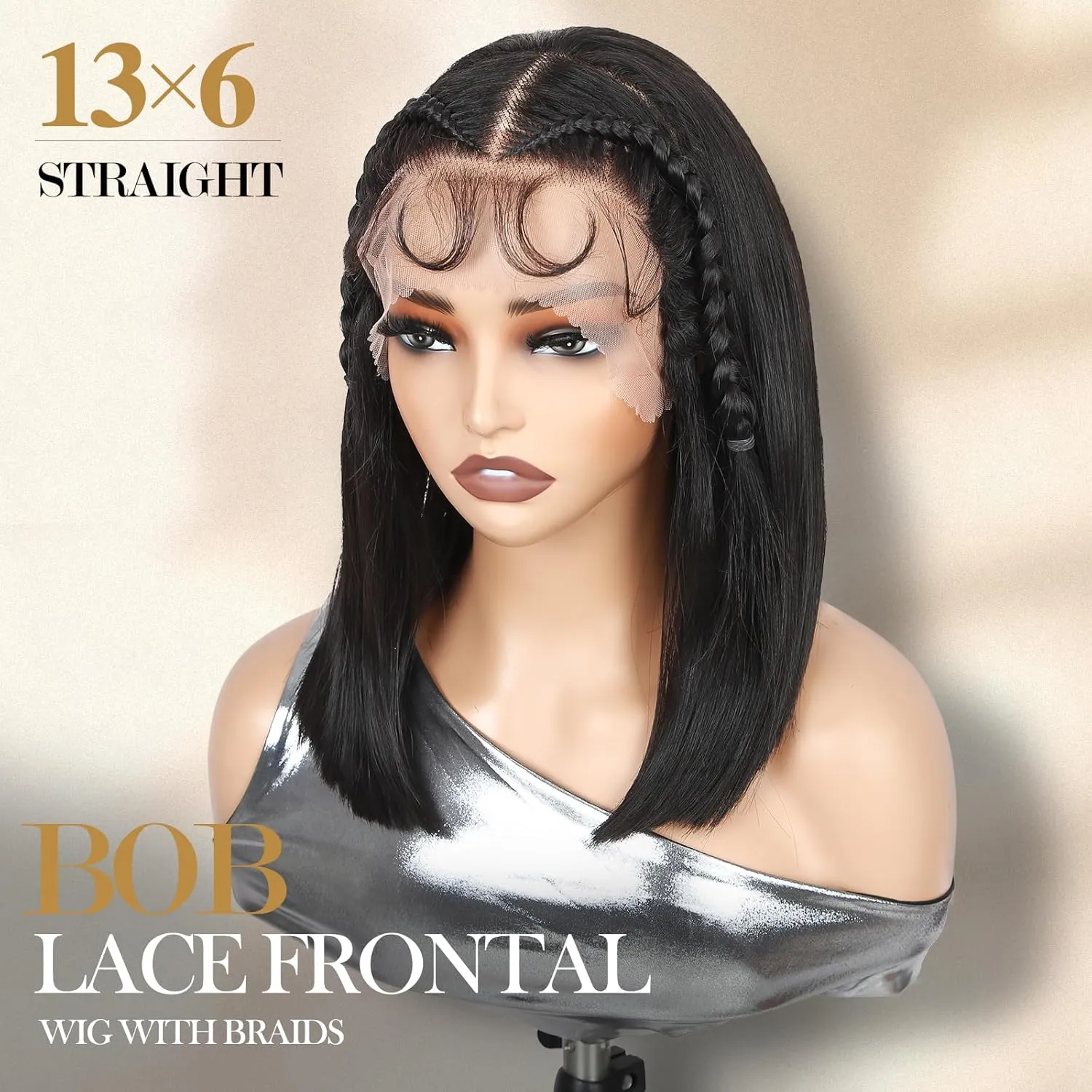 WIGER 13x6 Straight Bob Lace Frontal Wigs Braided Lace Front Wigs for Black Women Natural Black Straight Bob Wigs 14 Inch Synthetic Full Lace Frontal Glueless Bob Wig