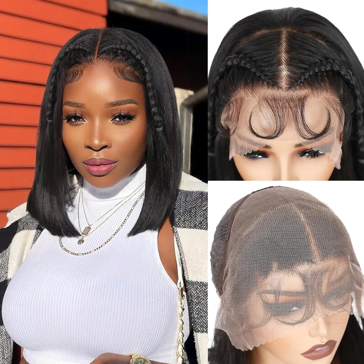 WIGER 13x6 Straight Bob Lace Frontal Wigs Braided Lace Front Wigs for Black Women Natural Black Straight Bob Wigs 14 Inch Synthetic Full Lace Frontal Glueless Bob Wig