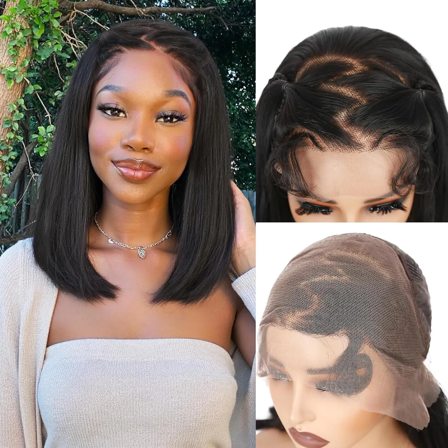WIGER 13x6 Straight Lace Frontal Wigs Braided Wig for Black Women Glueless Bob Wig with Z Hairline Braided Lace Front Wigs 14 Inch Synthetic Full Lace Frontal Natural Black Straight Bob Wigs
