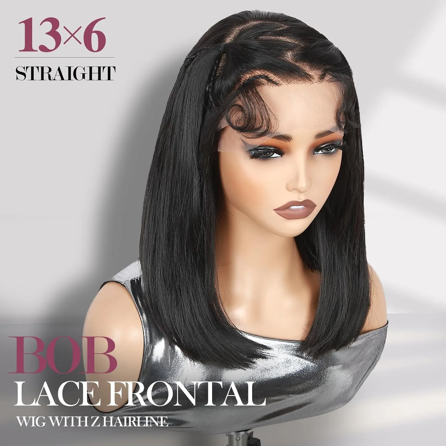 WIGER 13x6 Straight Lace Frontal Wigs Braided Wig for Black Women Glueless Bob Wig with Z Hairline Braided Lace Front Wigs 14 Inch Synthetic Full Lace Frontal Natural Black Straight Bob Wigs