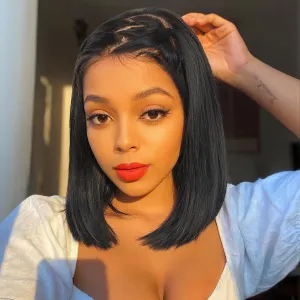 WIGER 13x6 Straight Lace Frontal Wigs Braided Wig for Black Women Glueless Bob Wig with Z Hairline Braided Lace Front Wigs 14 Inch Synthetic Full Lace Frontal Natural Black Straight Bob Wigs