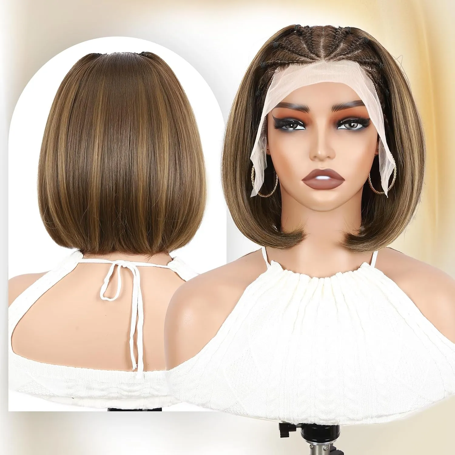 WIGER Highlighted Straight Bob Lace Frontal Wigs 13x4 Braided Wigs for Black Women Glueless Bob Hair Wig Braided Lace Front Wigs with Cornrow 12 Inch Synthetic Full Lace Straight Bob Wigs